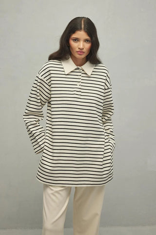 Polo Yaka Çizgili Sweatshirt Siyah - Fahhar Design