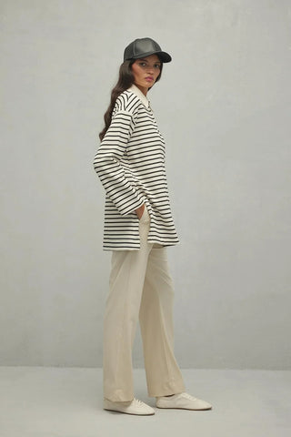 Polo Yaka Çizgili Sweatshirt Siyah - Fahhar Design