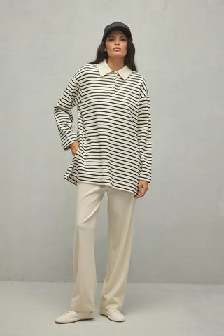 Polo Yaka Çizgili Sweatshirt Siyah - Fahhar Design