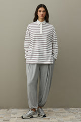 Polo Yaka Çizgili Tişört Ekru