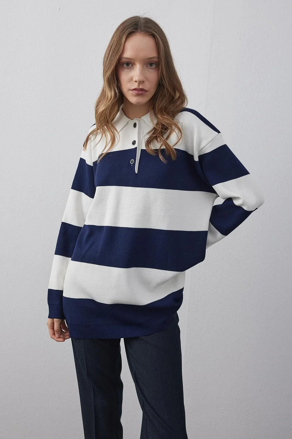Polo Collar Striped Knit Sweatshirt Navy Blue