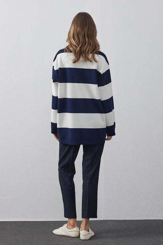 Polo Yaka Çizgili Triko Sweatshirt Lacivert - Fahhar Design