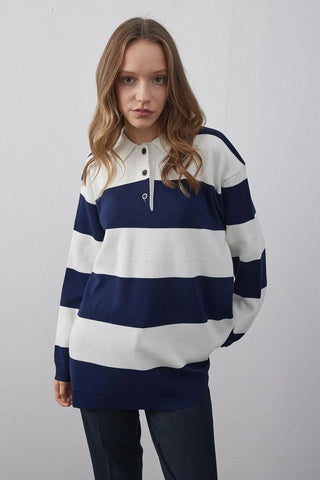 Polo Yaka Çizgili Triko Sweatshirt Lacivert - Fahhar Design