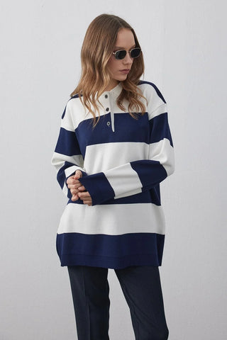 Polo Yaka Çizgili Triko Sweatshirt Lacivert - Fahhar Design