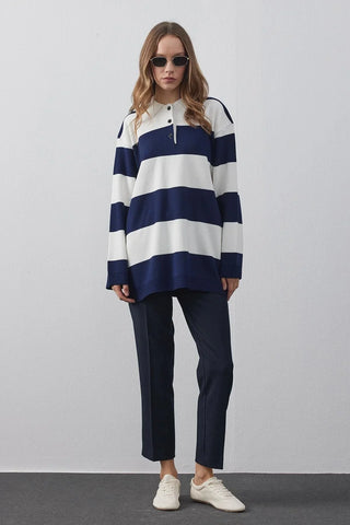 Polo Yaka Çizgili Triko Sweatshirt Lacivert - Fahhar Design
