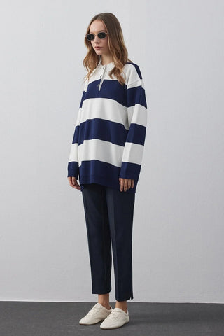 Polo Yaka Çizgili Triko Sweatshirt Lacivert - Fahhar Design