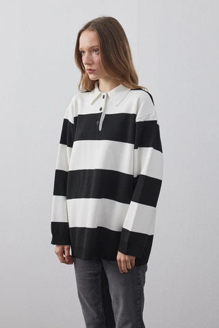 Polo Yaka Çizgili Triko Sweatshirt Siyah