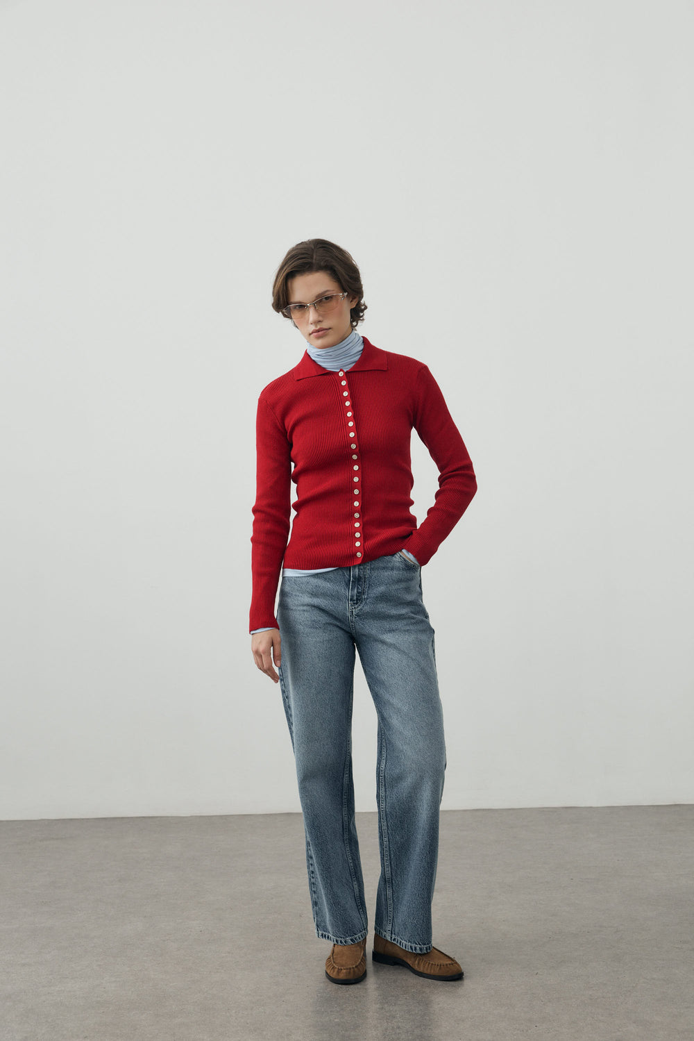 Polo Yaka Çok Düğmeli Hırka Kırmızı
