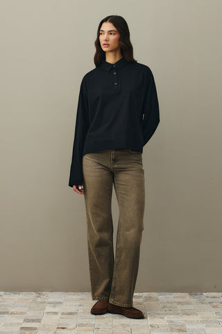 Polo Yaka Kısa Sweatshirt Siyah