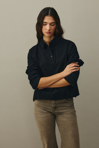 Polo Yaka Kısa Sweatshirt Siyah