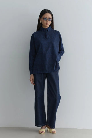 Polo Yaka Yıkamalı Sweatshirt Lacivert - Fahhar Design