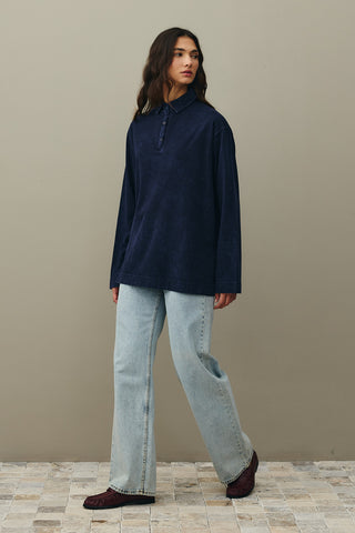 Polo Yaka Yıkamalı Sweatshirt Lacivert