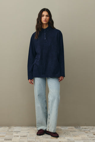Polo Yaka Yıkamalı Sweatshirt Lacivert