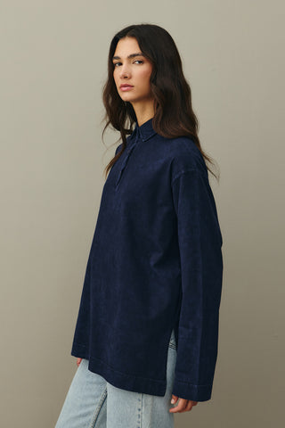 Polo Yaka Yıkamalı Sweatshirt Lacivert