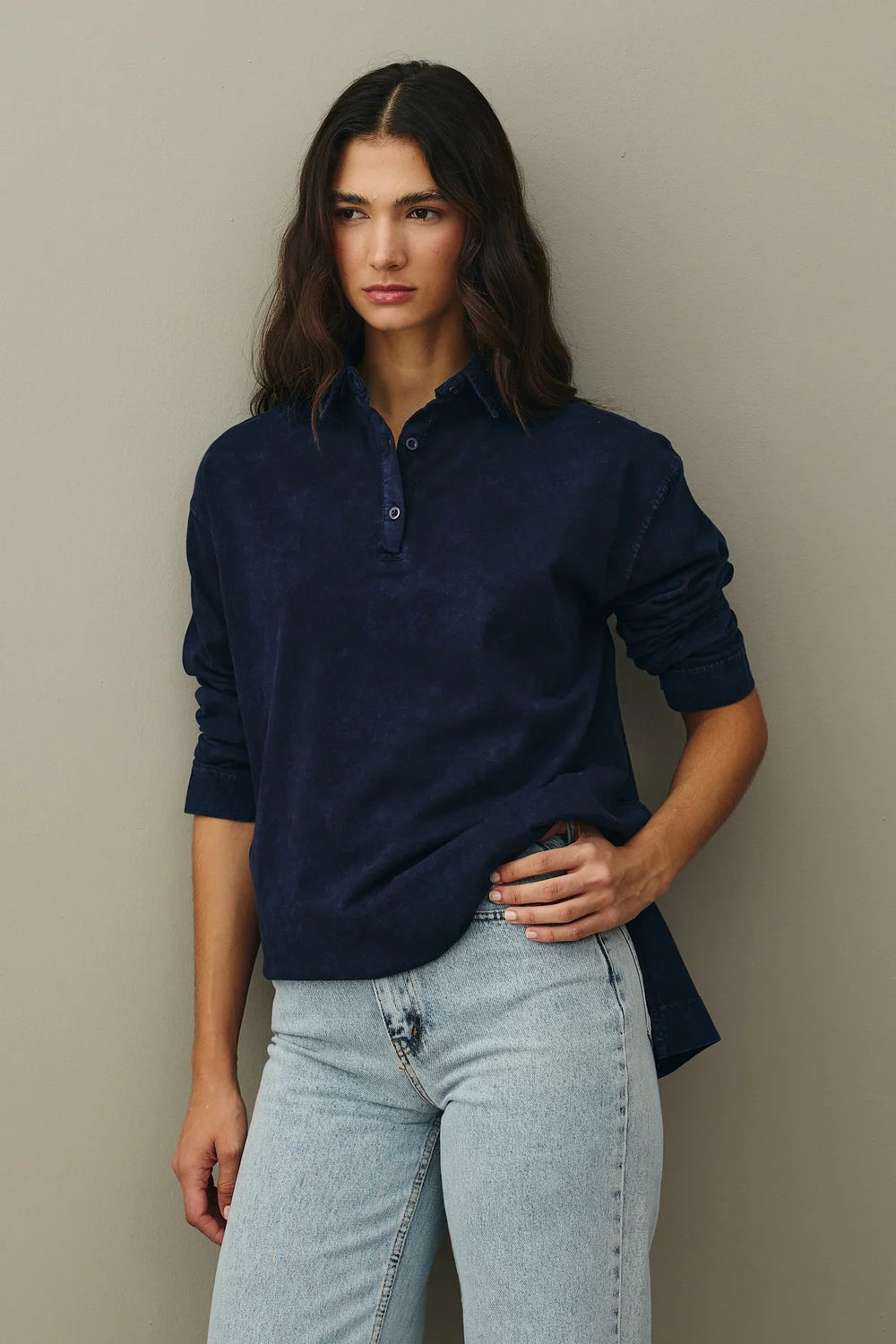 Polo Collar Washed Sweatshirt Navy Blue