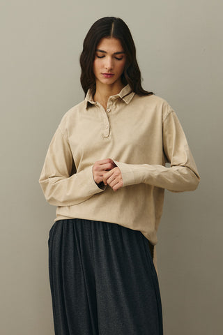 Polo Yaka Yıkamalı Sweatshirt Taş