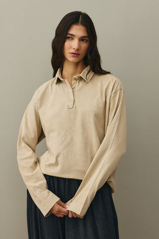 Polo Yaka Yıkamalı Sweatshirt Taş