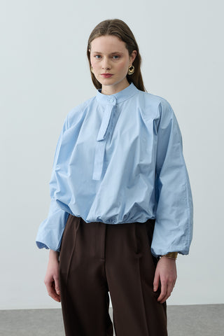Poplin Büzgülü Gömlek Açık mavi