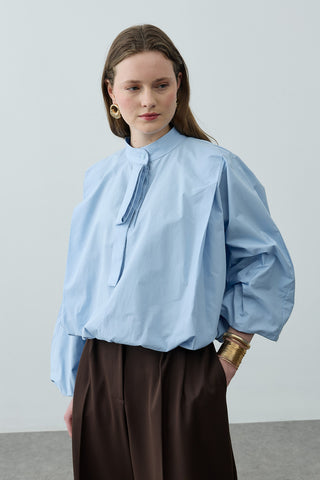Poplin Büzgülü Gömlek Açık mavi