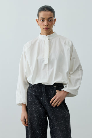 Poplin Büzgülü Gömlek Ekru