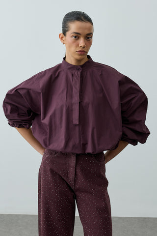 Poplin Büzgülü Gömlek Mürdüm