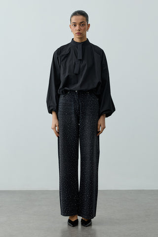 Poplin Büzgülü Gömlek Siyah