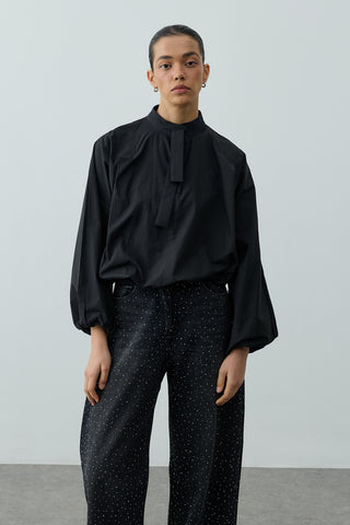 Poplin Büzgülü Gömlek Siyah