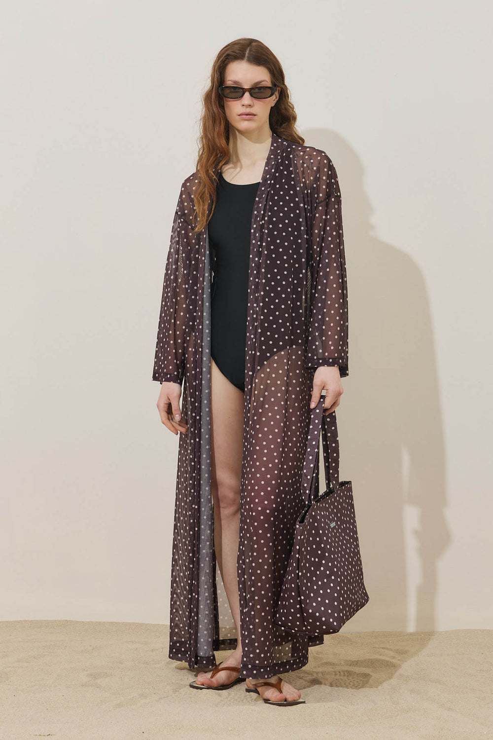 Puantiye Desenli Pareo Kimono Kahverengi