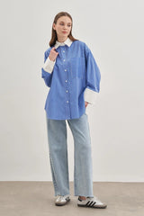 Rahat Gömlek Çizgili Koyu Mavi