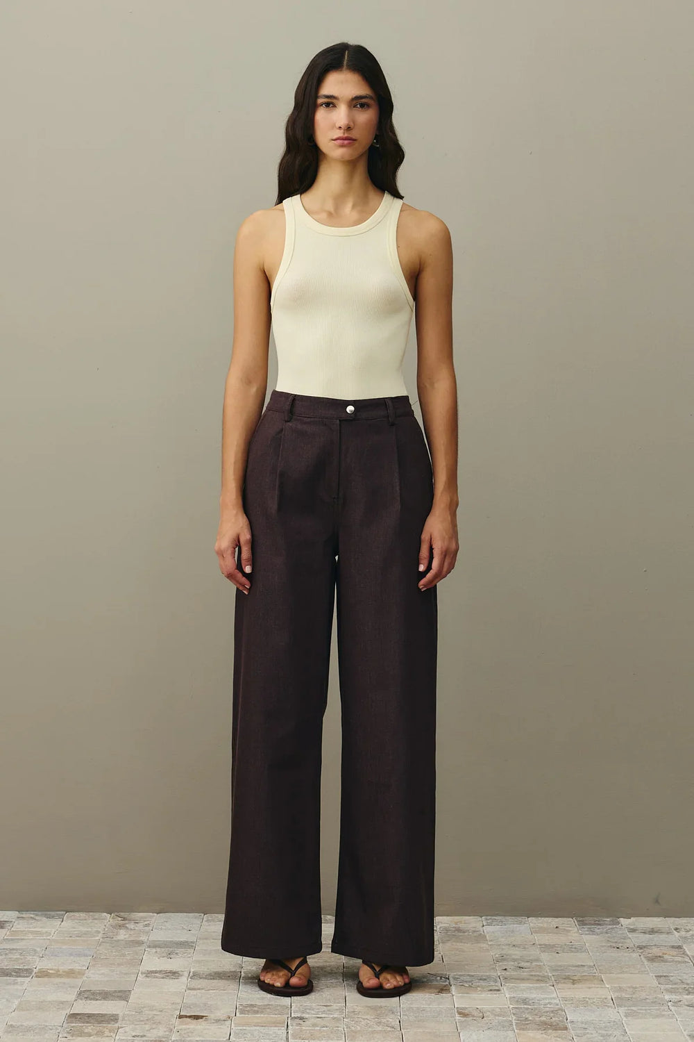 Relaxed Cut Palazzo Denim Trousers Brown