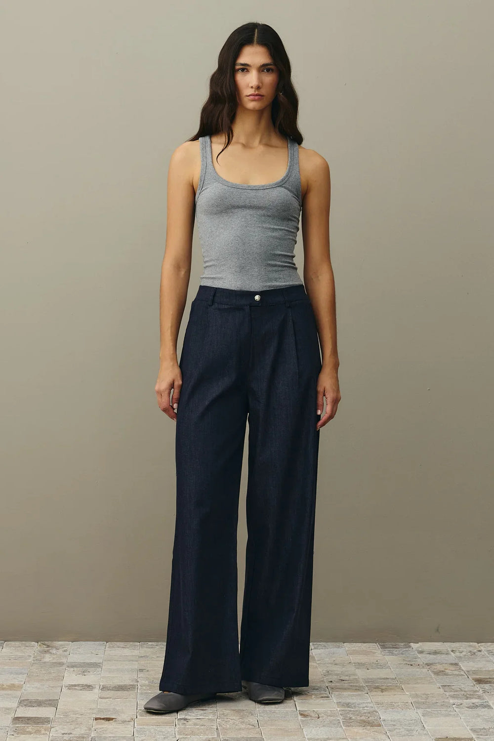 Relaxed Cut Palazzo Denim Trousers Navy Blue