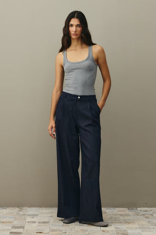 Rahat Kesim Palazzo Denim Pantolon Lacivert
