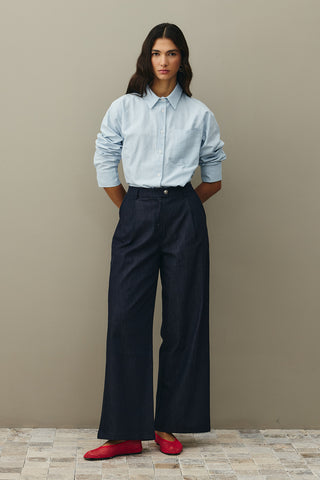 Rahat Kesim Palazzo Denim Pantolon Lacivert