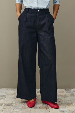 Rahat Kesim Palazzo Denim Pantolon Lacivert
