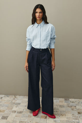 Rahat Kesim Palazzo Denim Pantolon Lacivert