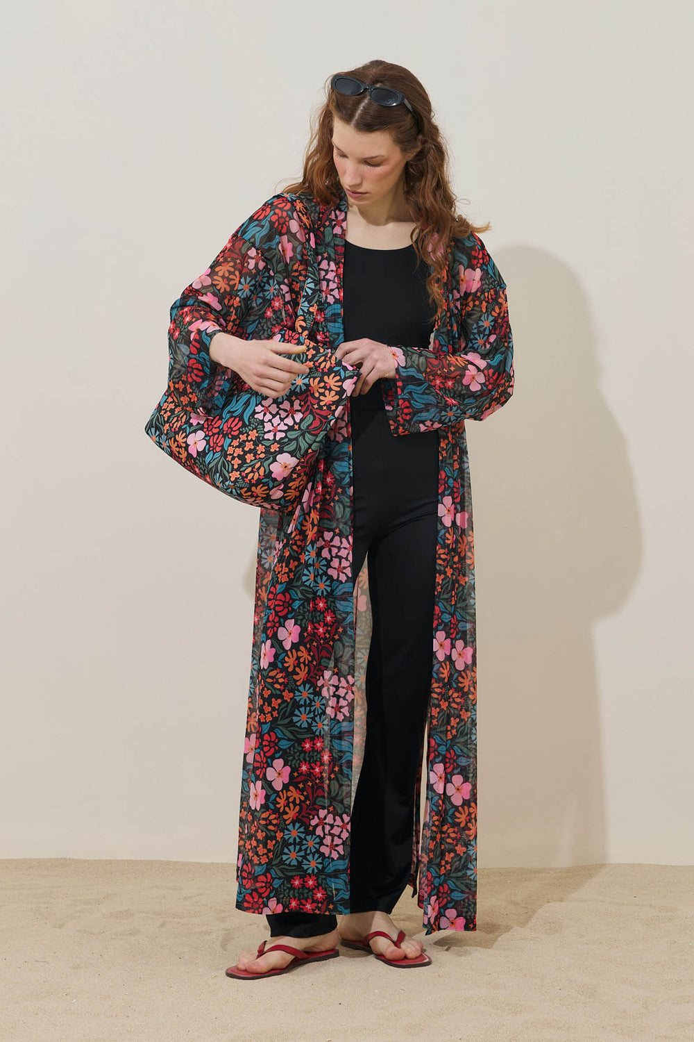 Renkli Floral Desen Pareo Kimono Siyah