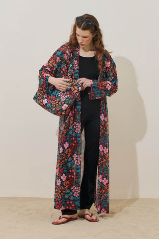 Renkli Floral Desen Pareo Kimono Siyah