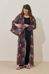 Renkli Floral Desen Pareo Kimono Siyah