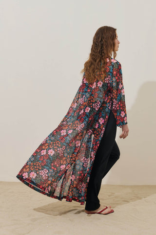 Renkli Floral Desen Pareo Kimono Siyah