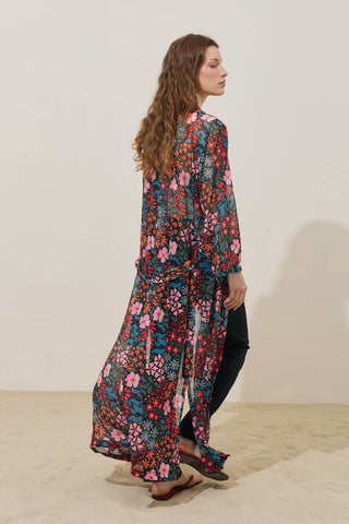 Renkli Floral Desen Pareo Kimono Siyah