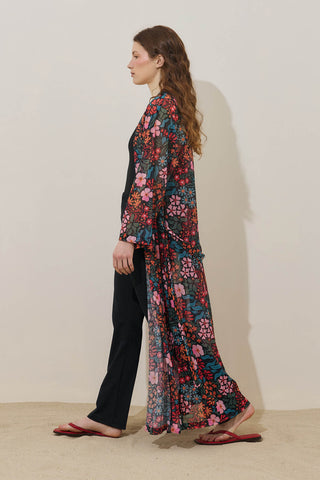 Renkli Floral Desen Pareo Kimono Siyah