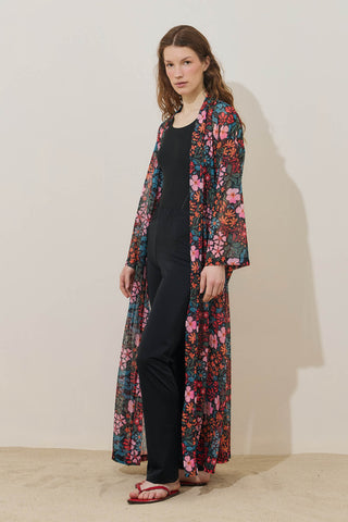 Renkli Floral Desen Pareo Kimono Siyah