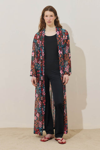 Renkli Floral Desen Pareo Kimono Siyah
