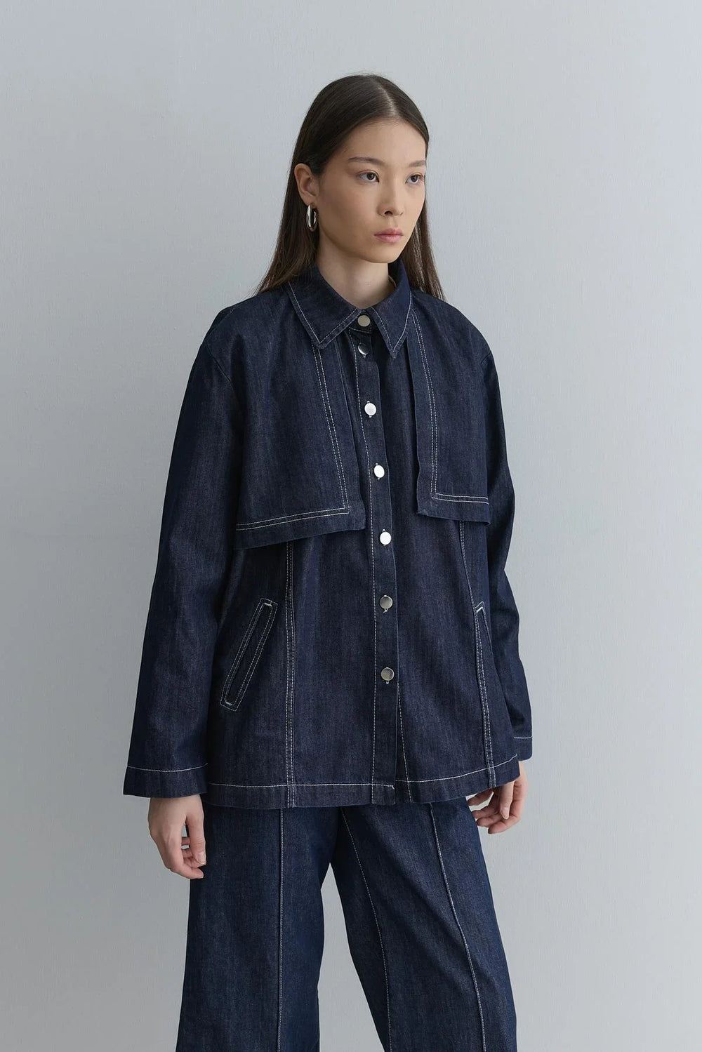 Denim Jacket with Windbreaker Detail, Navy Blue
