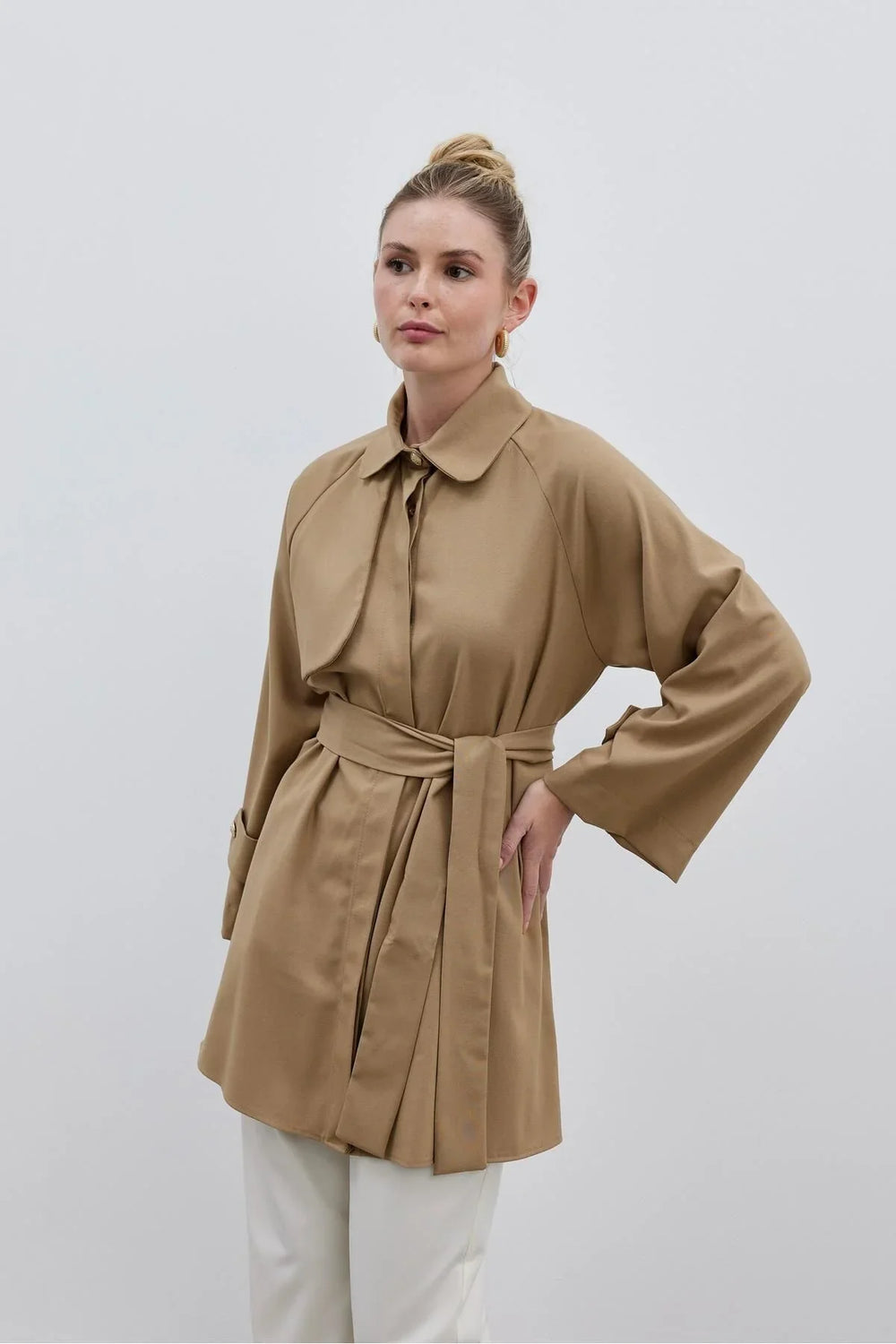 Women's Trench Coat Shirt Camel with Windbreaker Detail