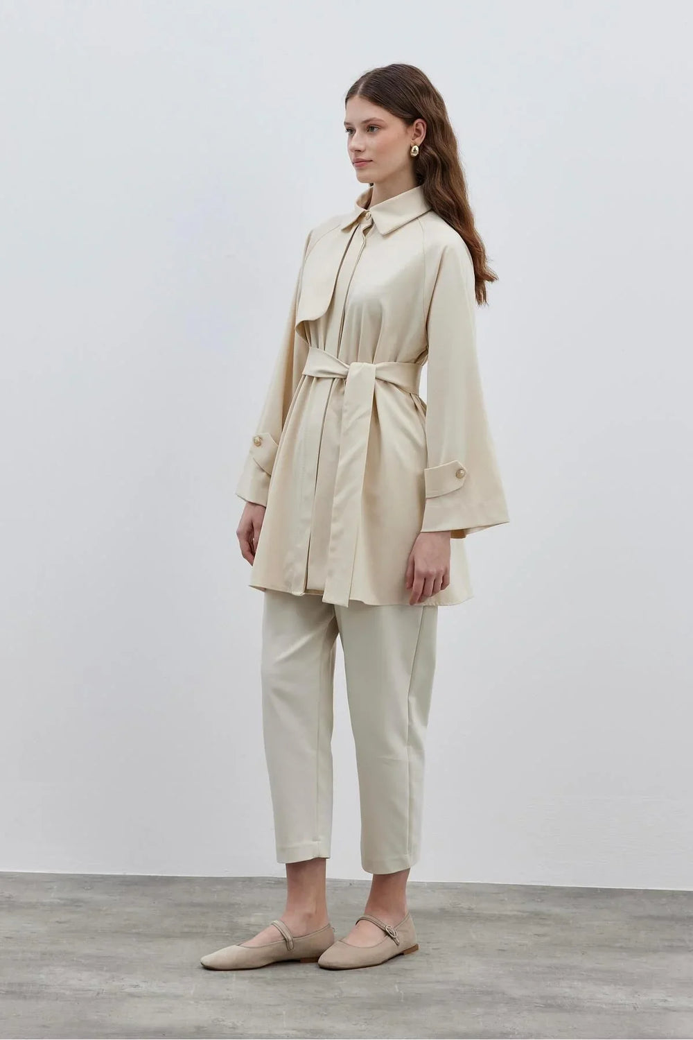 Women's Trench Coat Shirt with Windbreaker Detail in Ecru