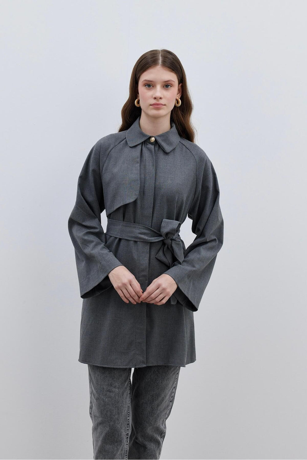 Women's Trench Coat Shirt with Windbreaker Detail in Smoke