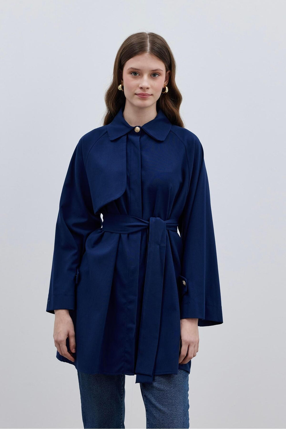 Women's Trench Coat Shirt with Windbreaker Detail - Navy Blue