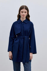 Women's Trench Coat Shirt with Windbreaker Detail - Navy Blue