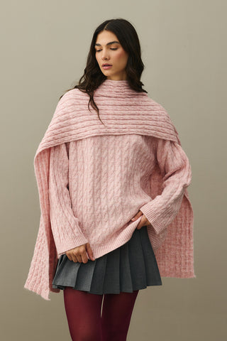 Saç Örgü Atkılı Kazak Pembe